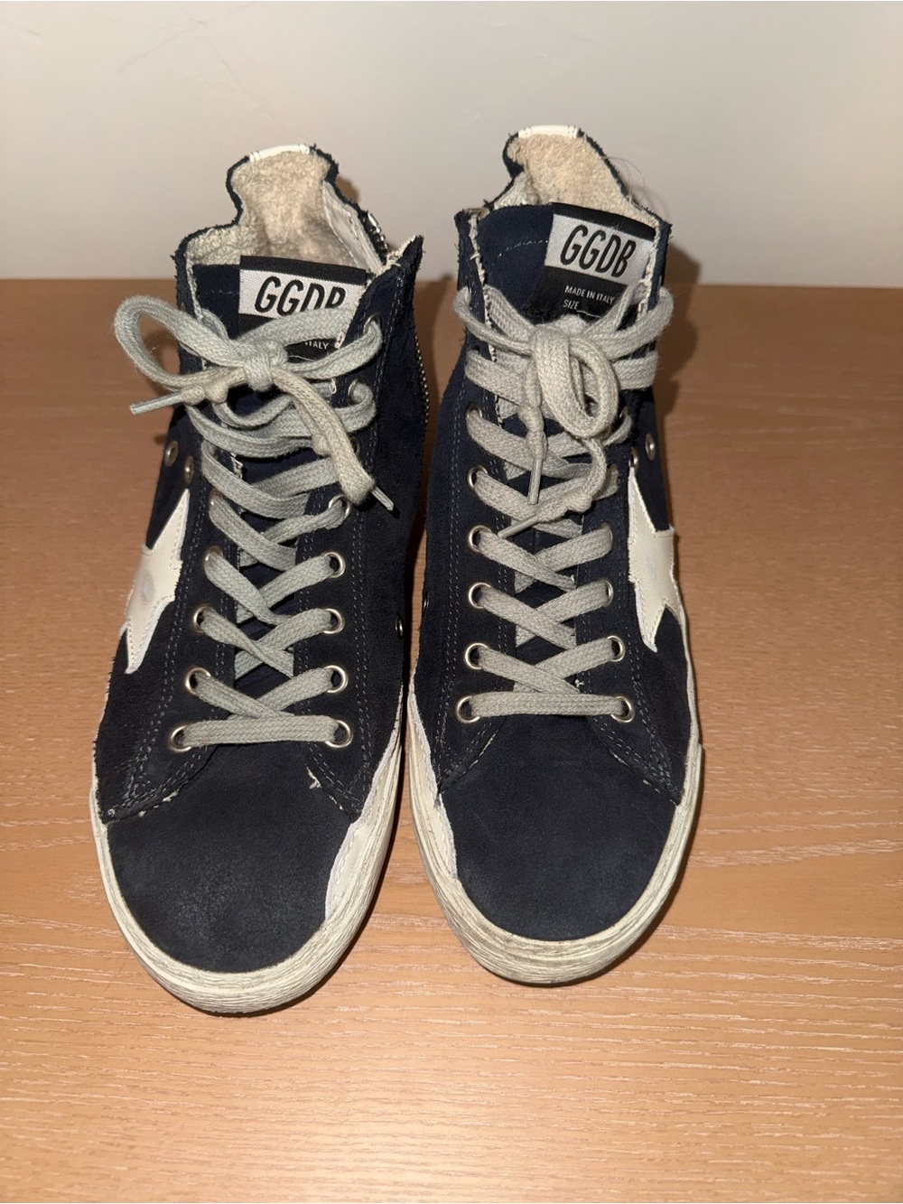 Golden Goose Navy High-Top Sneakers with White Star Accents
